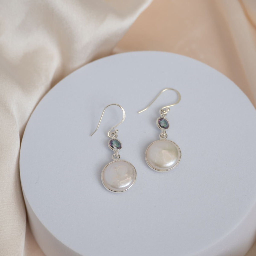 Coin pearl and Smoky topaz stone drop earrings
