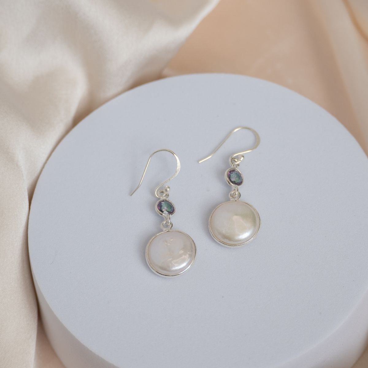 Coin pearl and Smoky topaz stone drop earrings