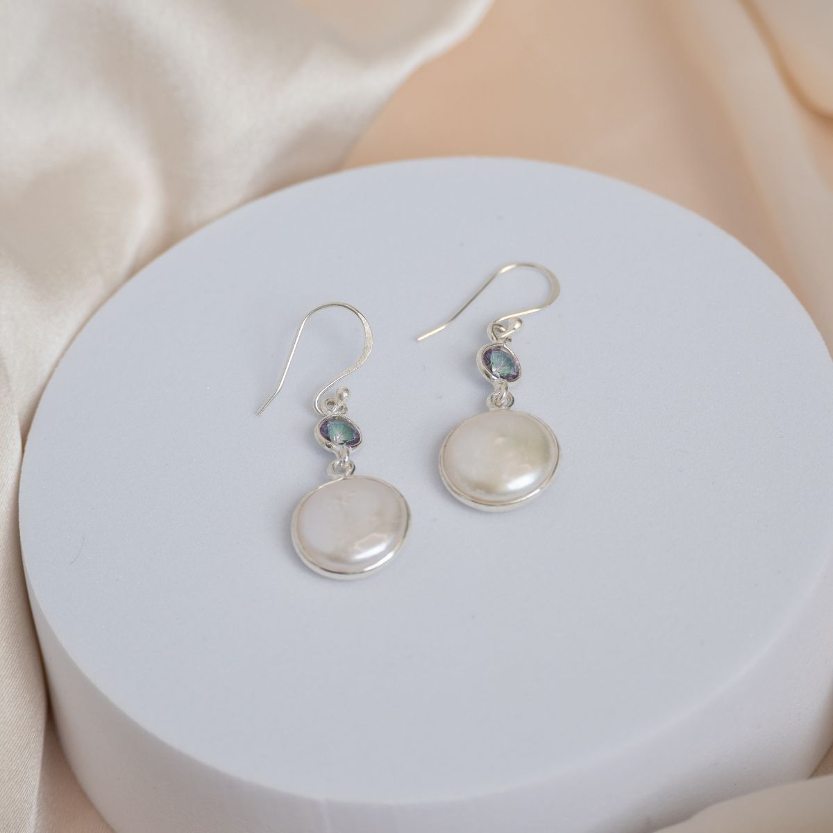 Coin pearl and Smoky topaz stone drop earrings