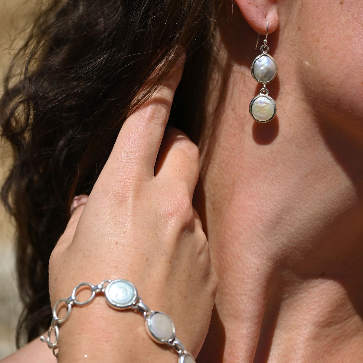 Double coin pearl drop earrings