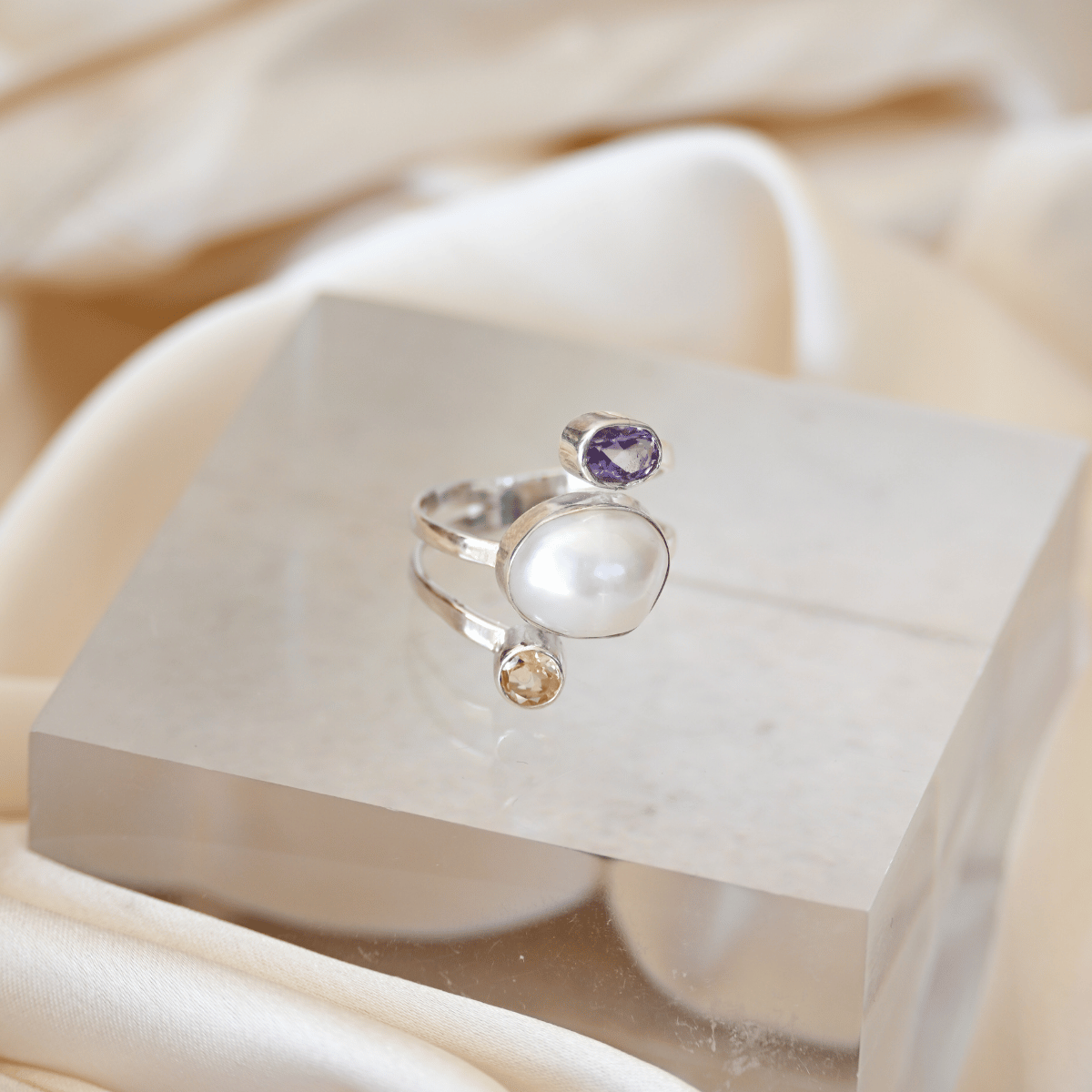 Freshwater pearl ring with citrine and amethyst semi precious stones