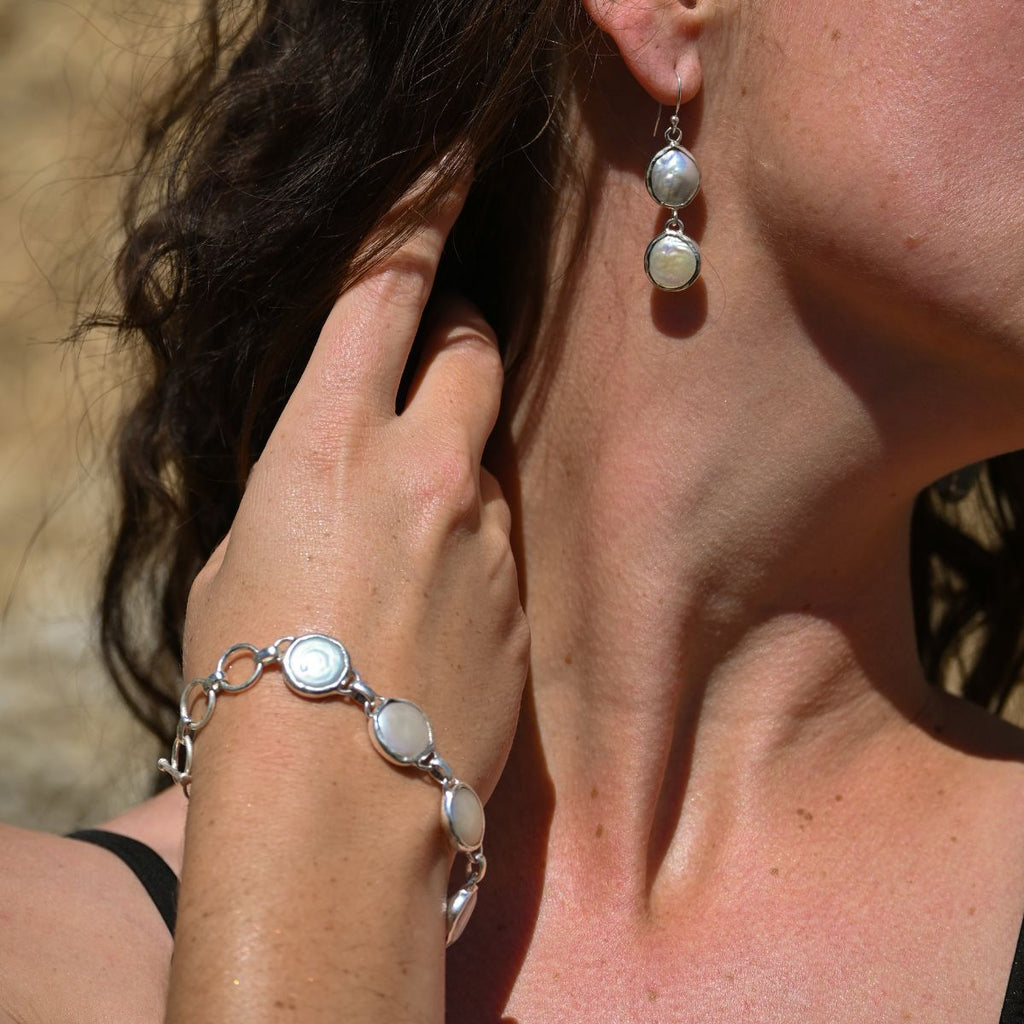 Double coin pearl drop earrings