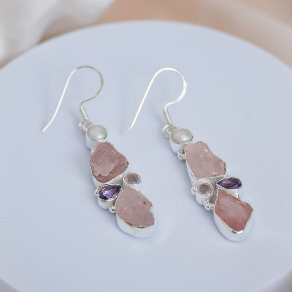 Rose Quartz rough stone drop earrings with freshwater pearl, and Amethyst in setting