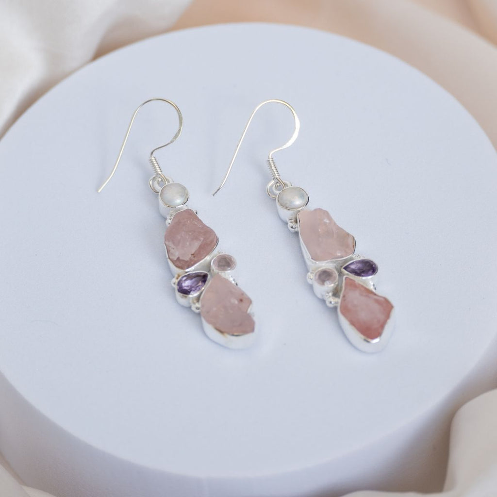 Rose Quartz rough stone drop earrings with freshwater pearl, and Amethyst in setting