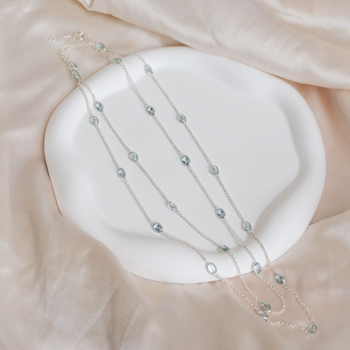 120 cm long necklace with oval Blue Topaz semi precious stones in necklace - Terciany 