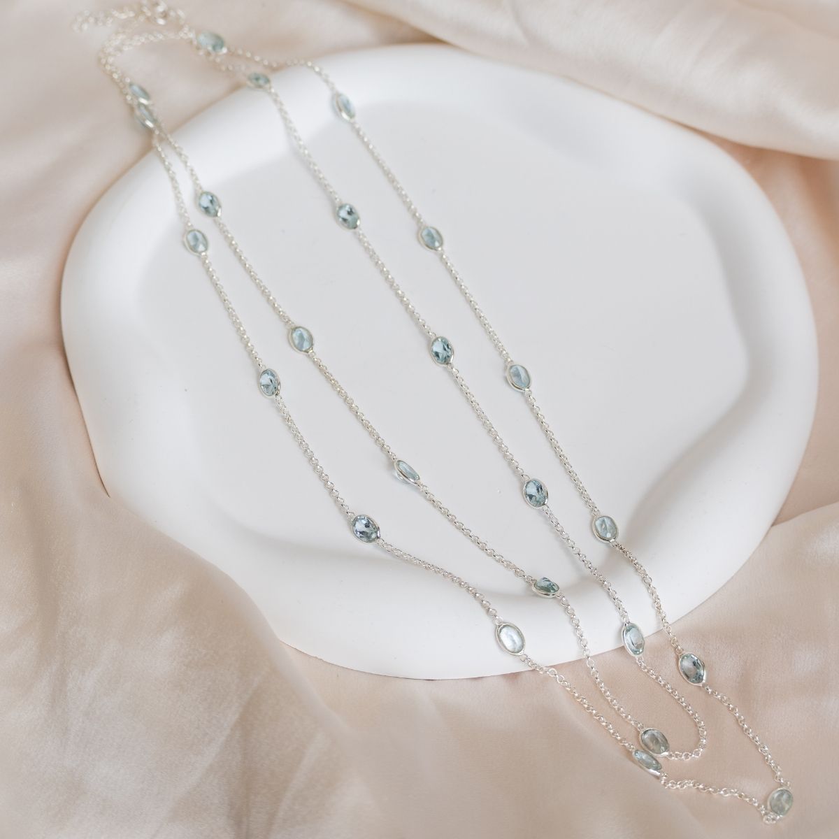 120 cm long necklace with oval Blue Topaz semi precious stones in necklace - Terciany 