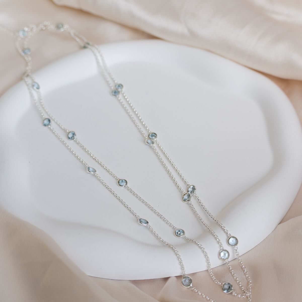 120cm long necklace with round Blue Topaz semi precious stones - Terciany 