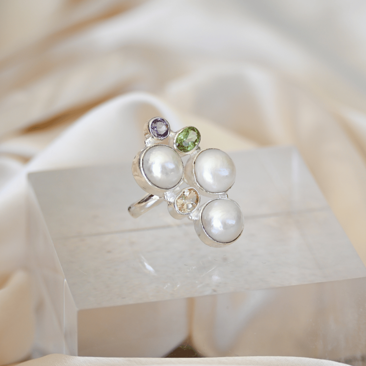 Three pearl and semi precious stone statement ring
