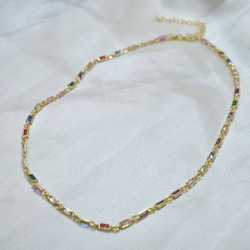 Gold necklace with rectangular colourful stones