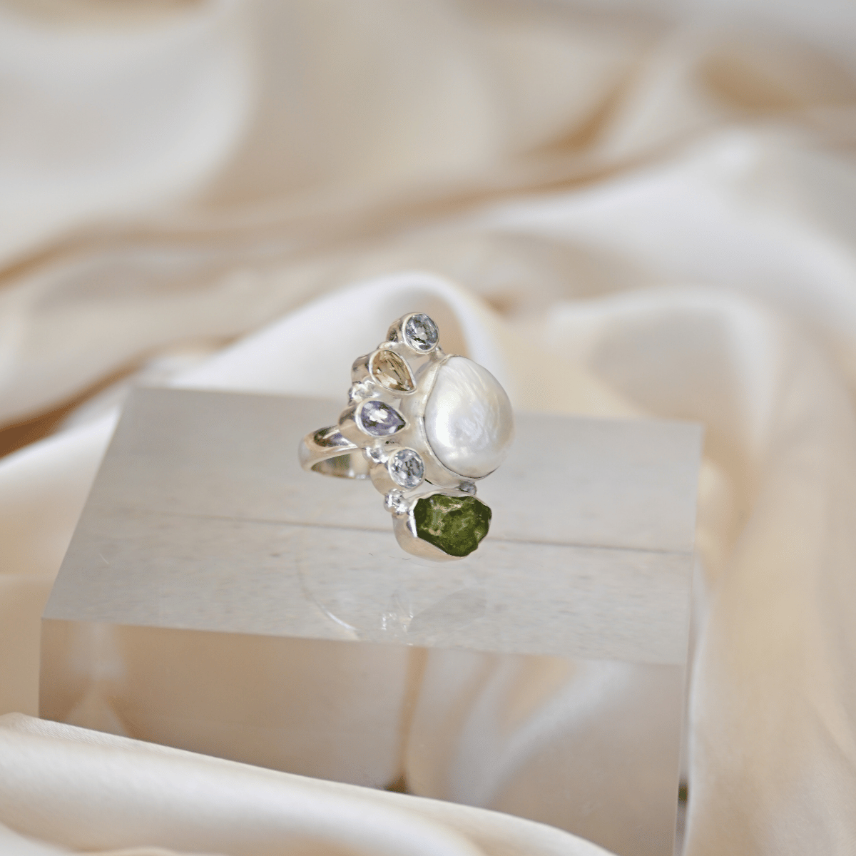 Freshwater pearl ring with five semi presious stones
