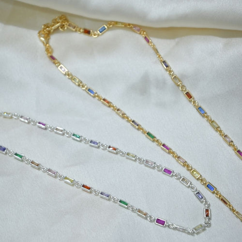 Gold necklace with rectangular colourful stones