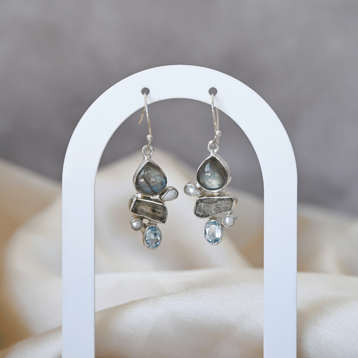 Semi precious stone and freshwater pearl drop earrings