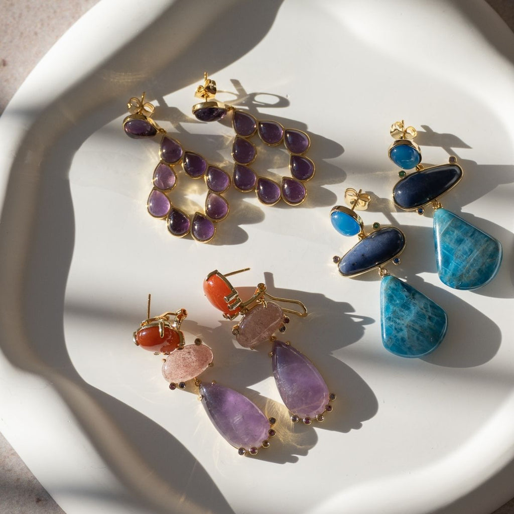 Charne Blue Apatite Semi Precious Stone Statement Earrings - Terciany 
