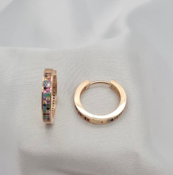 19x3 mm rose gold huggys with rainbow cubic zirconia pavé