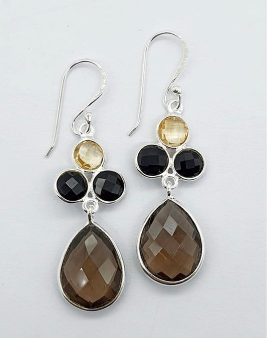 Smokey black and Citrine semi precious stones in flower setting