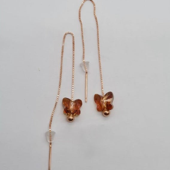 Rose gold thread earrings with swarofski crystal butterflies