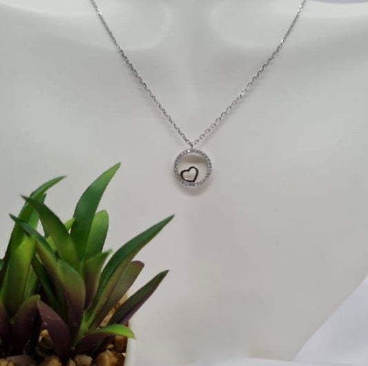 Cubic zirconia pavé circle with pretty heart in centre, necklace