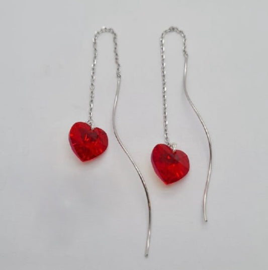 Sterling silver thread earrings with red swarofski crystal hearts