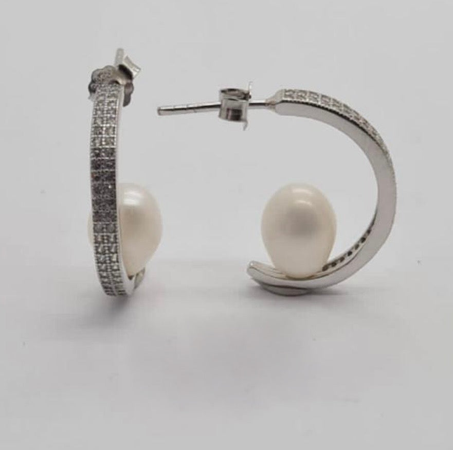 Pave 19mm Hoop Earrings With Cubic Zirconia Detail And Freshwater Pearls - Terciany 