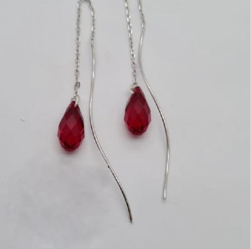 Sterling silver thread earrings with red swarofski crystal drops