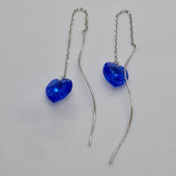 Blue swarofski crystal hearts on thread earrings