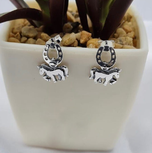 Sterling silver horse and horseshoe earrings