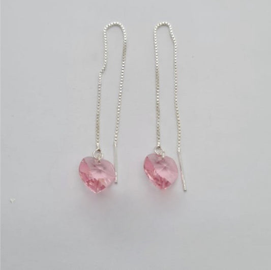 Sterling silver thread earrings with pink swarofski crystal hearts